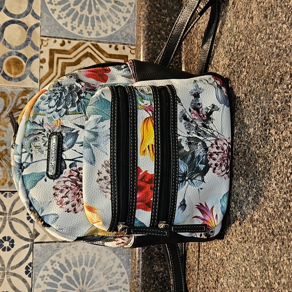 Stone & Co Small Black and White Floral Backpack purse